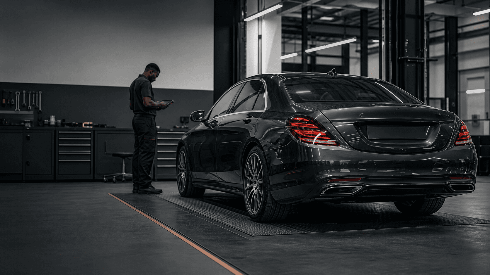 Vehicle in a professional workshop
